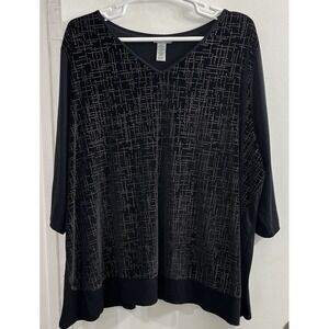 CATHERINES Womens Top 3/4 Sleeve Velvet Black Silver Accent Metallic Size 4X